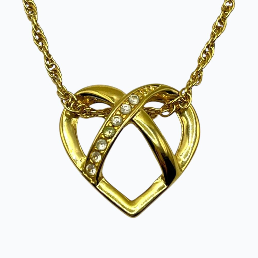VTG Crisscross Heart Pendant Necklace Rhinestone Pretzel Gold Tone Long Rope